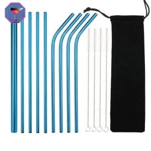 Lot de 9 Pailles Bleu en Inox