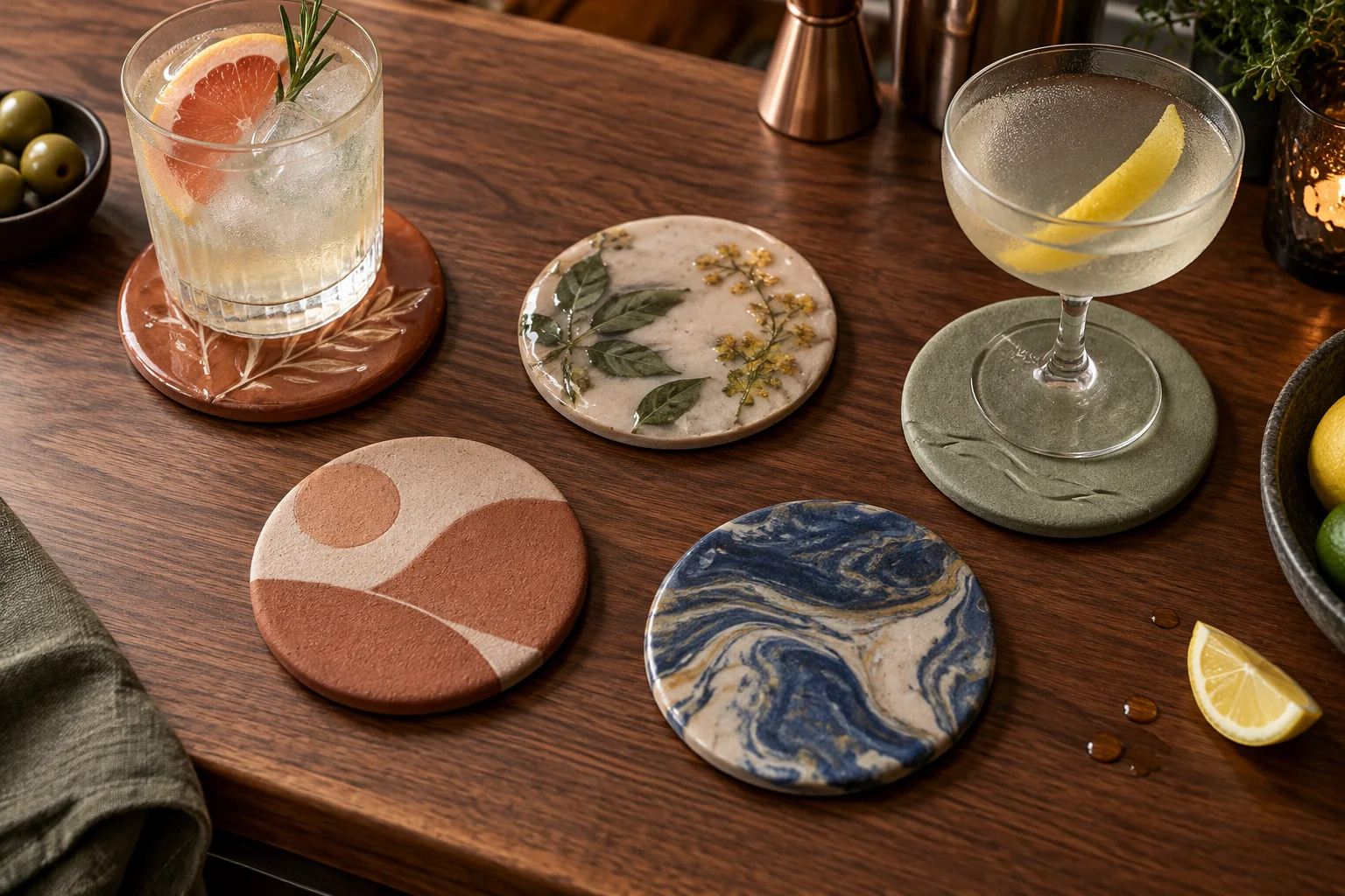 Cinq dessous de verre en argile aux finitions variées sur un bar avec deux cocktails