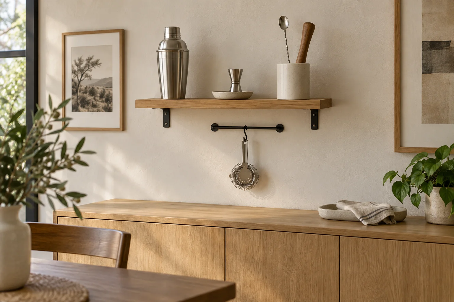 Tablette en bois avec shaker, doseur et pot à ustensiles, au-dessus d’une passoire suspendue et d’un buffet.